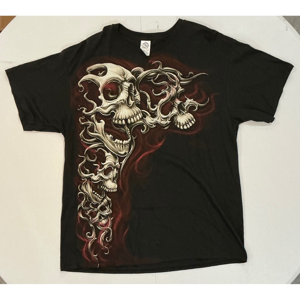 VTG Y2K Skull AOP Biker Fairy Grunge Goth T Shirt Mens XL Black‎ Red Whimsigoth